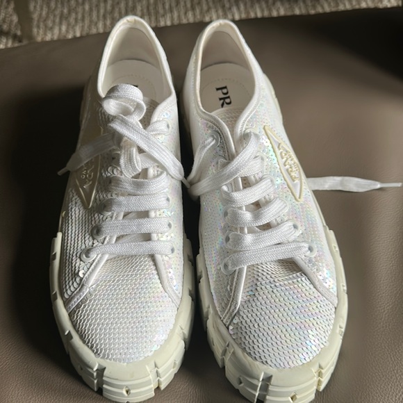 Prada white sequins double wheel platform - Picture 1 of 8